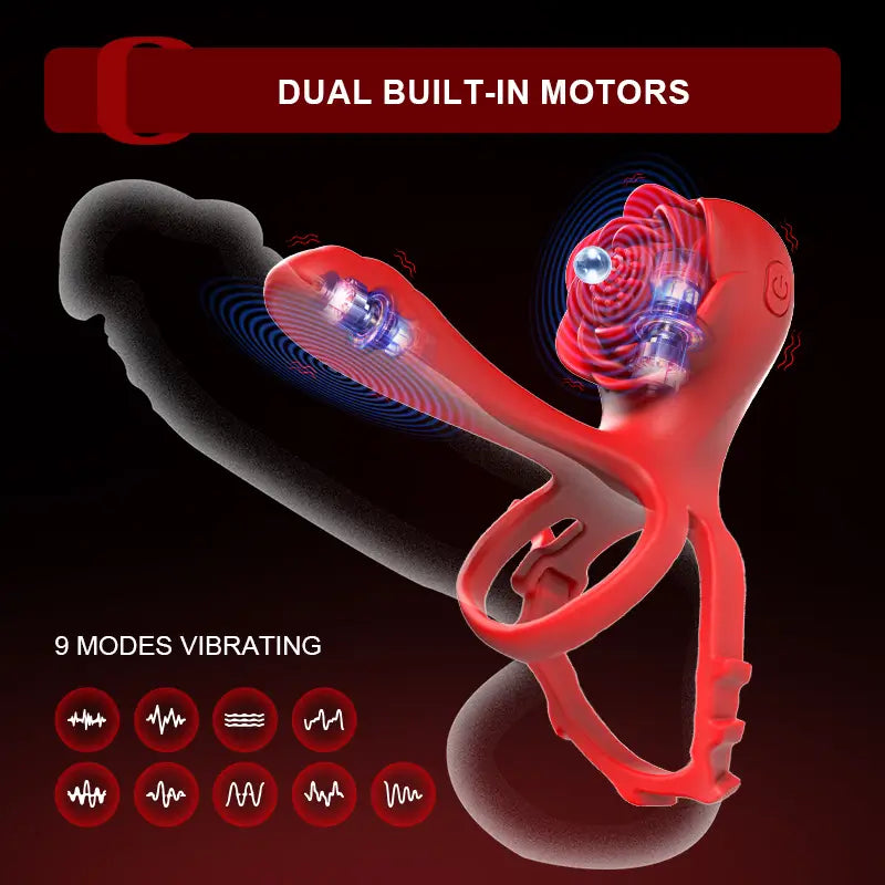 PR8: Rosen-Penisring mit zwei Motoren & 10 Vibrationsmodi für Paare