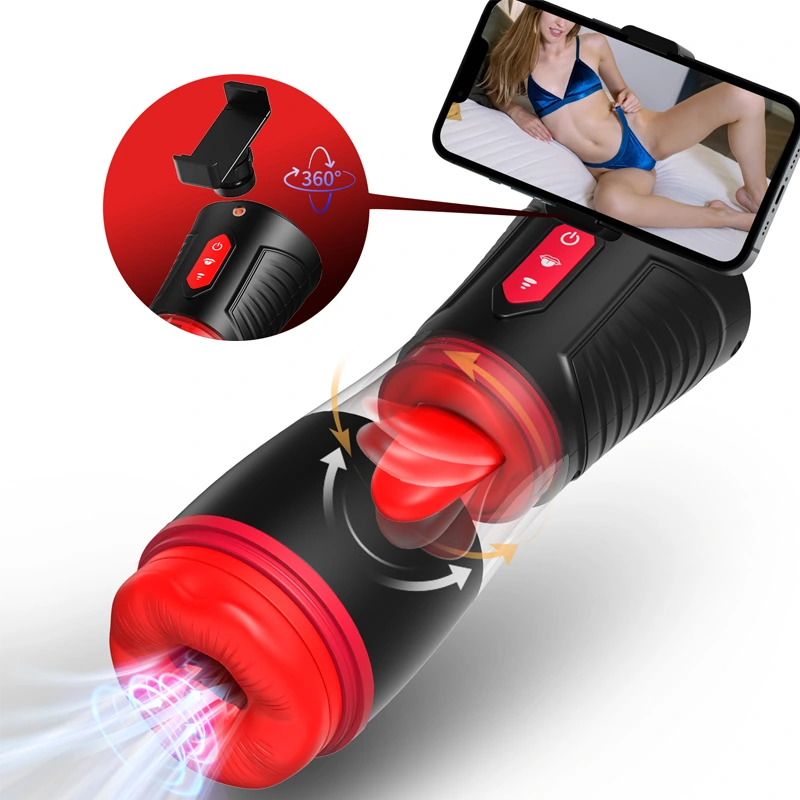XS8: Blowjob Masturbator mit Smartphone-Halter, 9 vibrierende, saugende & Zungenleck-Modi