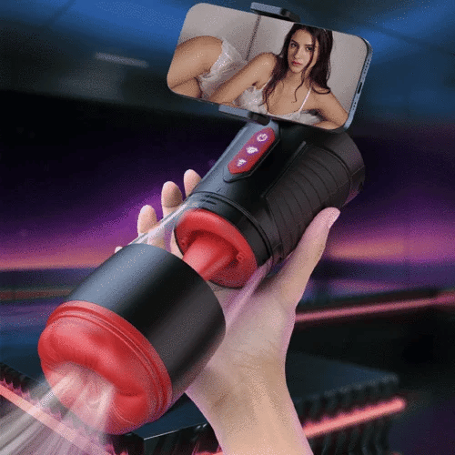 XS8: Blowjob Masturbator mit Smartphone-Halter, 9 vibrierende, saugende & Zungenleck-Modi
