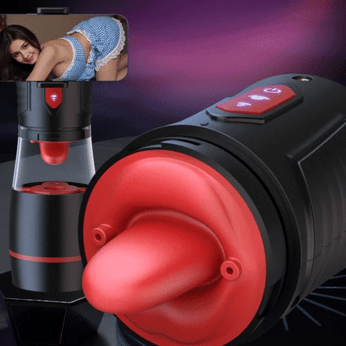 XS8: Blowjob Masturbator mit Smartphone-Halter, 9 vibrierende, saugende & Zungenleck-Modi