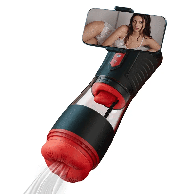 XS8: Blowjob Masturbator mit Smartphone-Halter, 9 vibrierende, saugende & Zungenleck-Modi